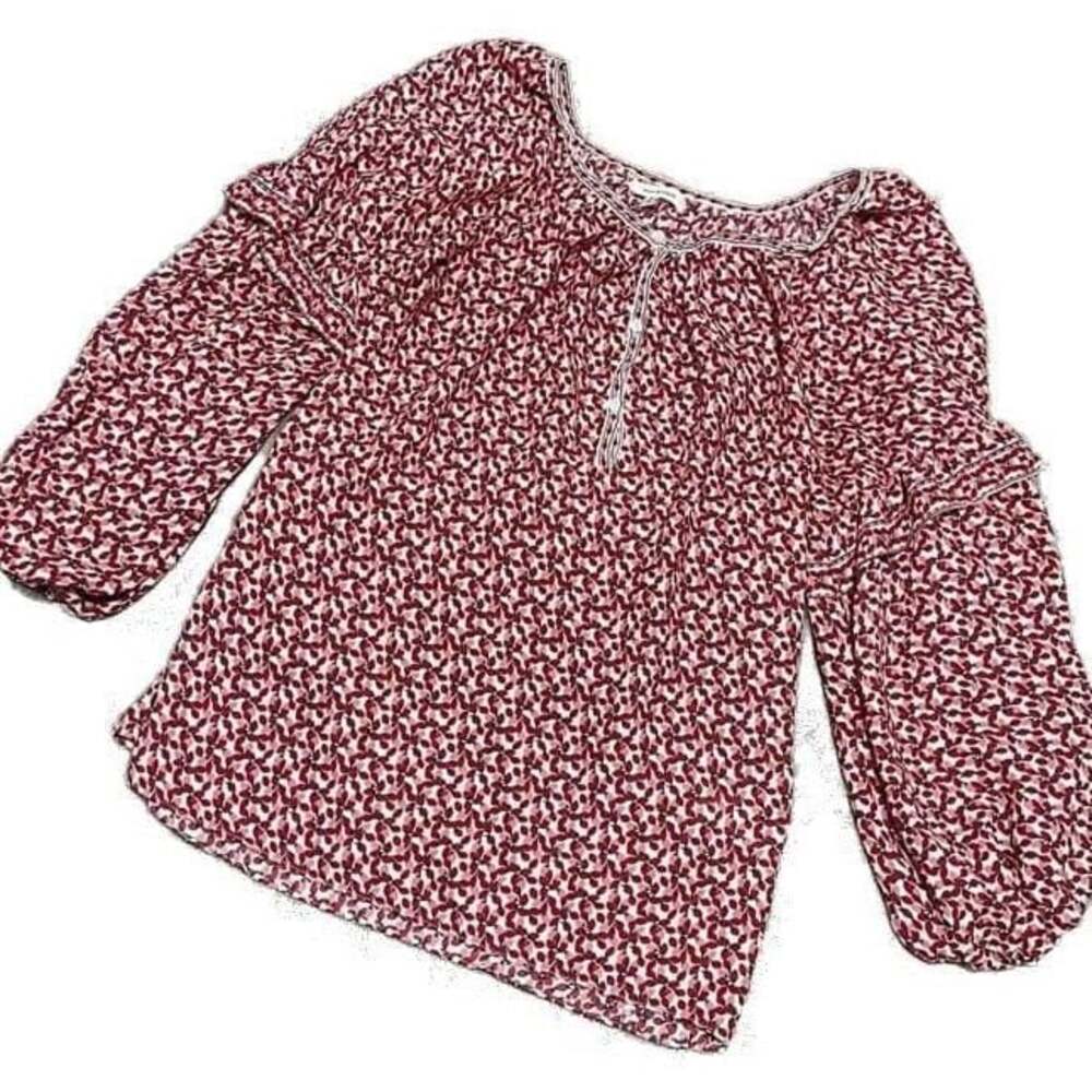 Scoop Neck Blouse Flounced Cuffs Black White Burgundy Sz S Summer Blouse